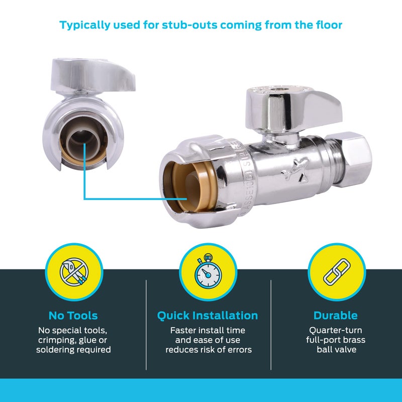 SharkBite 1/2 x 3/8 Inch Compression Straight Stop Valve, Quarter Turn, Push to Connect Brass Plumbing Fitting, PEX Pipe, Copper, CPVC, PE-RT, HDPE, 23037-0000LF - Image 3